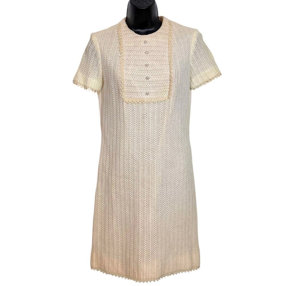 Vtg 60s Helen Whiting Lined Crochet Knit Shift Dress Cream Bib Front Pearl Sz S